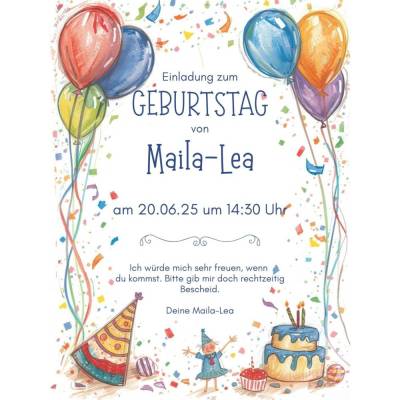 Personalisierbare Einladung Kindergeburtstag A4 – Luftballons, Geschenke & Kuchen als digitaler Download