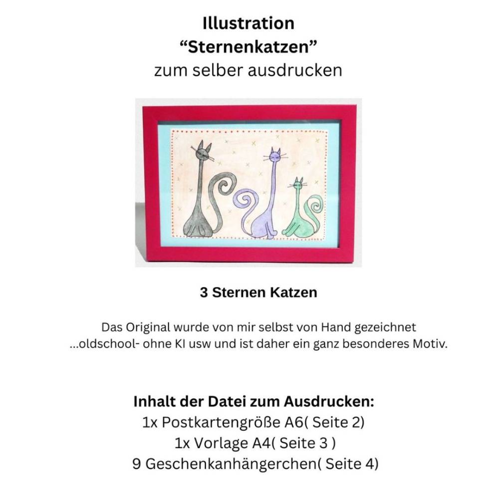 Postkarte, Poster, Illustration , Sternenkatzen, Katzen, handgemalt, PDF Download Bild 4