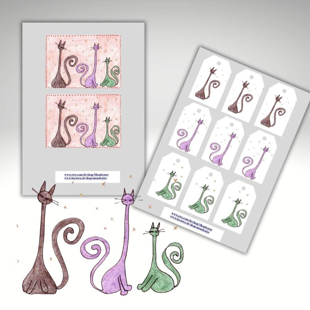 Postkarte, Poster, Illustration , Sternenkatzen, Katzen, handgemalt, PDF Download Bild 5