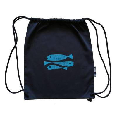 Fische,Turnbeutel, Bio Fairtrade Baumwolle, schwarz. Siebdruck handbedruckt.