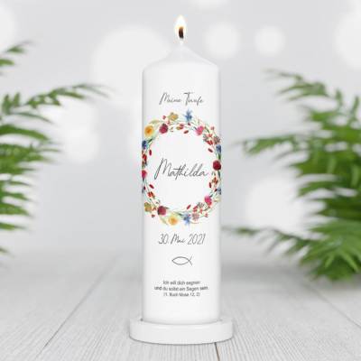 Taufkerze personalisiert mit Namen Datum und Taufspruch "Kranz Wildflower", Patenkerze, Taufkerze 