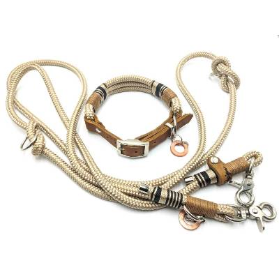 Verstellbares Hundehalsband 3reihig aus Tau und Leder | 3fach verstellbare Tau Hundeleine 2,5m in beige 