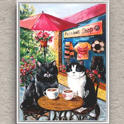 Original Acrylgemälde 30/40cm mit Rahmen - Handgemalt- Katzen Kunst Bild - Geschenk für Katzenliebhaber und Fußballfans