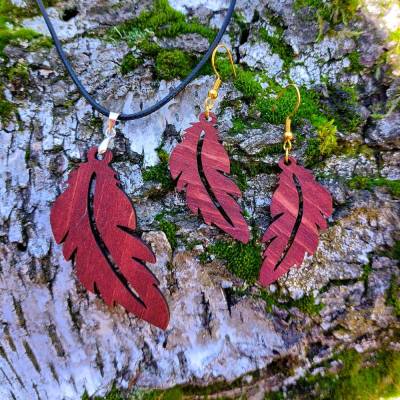 Holz-Ohrringe & Kette "Feder" – Naturschmuck in 2 Größen, handgefertigt, Geschenkidee