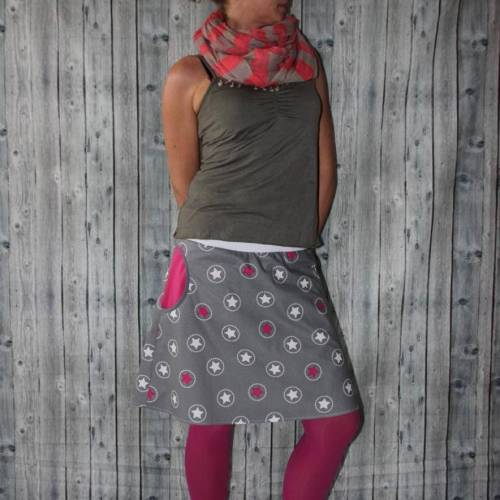 Rock Sterne – Grauer A-Line Rock mit Sternen & pinken Taschen, Größe 36-44