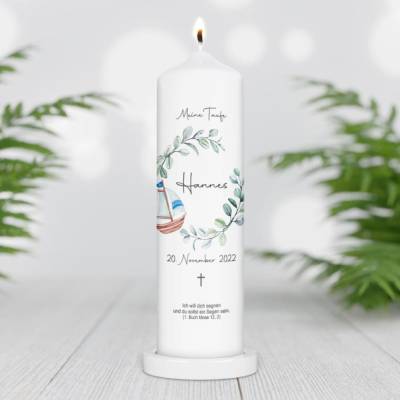 Taufkerze personalisiert mit Namen Datum und Taufspruch "Blätterkranz Boot", Patenkerze, Taufkerze