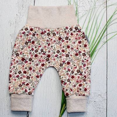Blumen Kinderhose aus Rib-Jersey, Mitwachsbündchen, Babyhose, Pumphose, Hose, Freizeithose, Blumenhose, Jerseyhose
