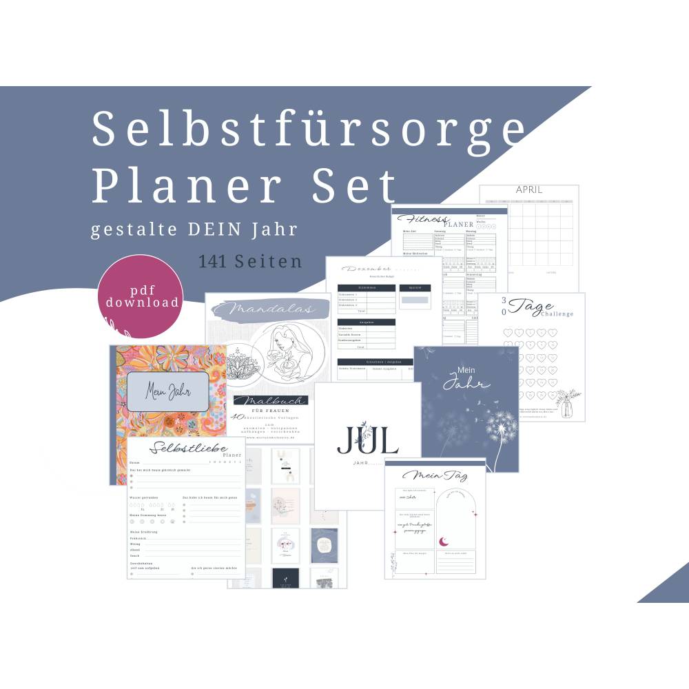 Selbstfürsorge lernen Set, Jahresplaner Bundle 141 Seiten zum ausdrucken inkl. u.a. Affirmationskarten, Mandalas, B Bild 1