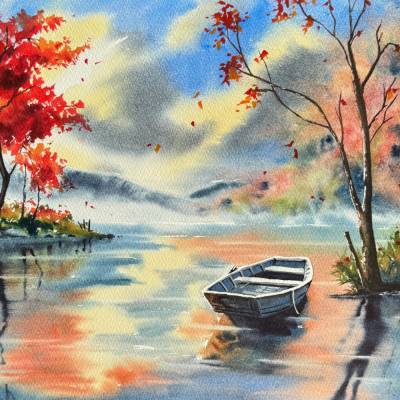 Original Aquarell "Herbstliches Boot am See" | 41 x 31 cm