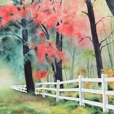 Original Aquarell "Herbstzaun am Waldrand II" | 41 x 31 cm