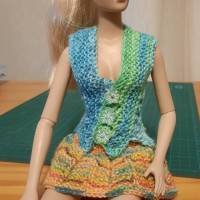 Handgestricktes 2-teiliges Puppen-Outfit für 40cm Puppe – Unikat, Plissee Rock & Top, bunt