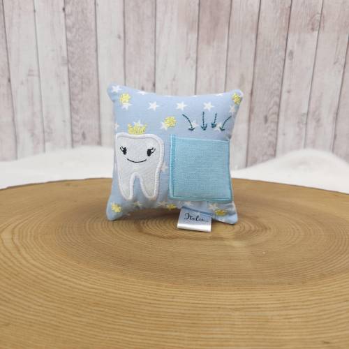Zahnfeekissen hellblau, mit oder ohne Name | 11cm x 11cm | personalisiertes Kissen | Zahnfee Kissen | Wackelzahn | Gesch