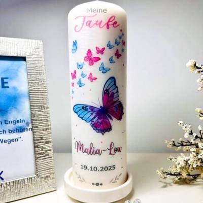 Taufkerze Schmetterling türkis-pink personalisiert 25x8cm|Name,Datum,Taufspruch|Kerze Taufe Mädchen& Jungen
