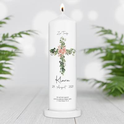 Taufkerze personalisiert mit Namen Datum und Taufspruch "Kreuz Blätter Blume", Patenkerze, Taufkerze