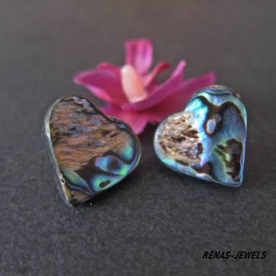 Abalone Paua Perlmutt Ohrstecker – Herz Regenbogen Muschel Ohrringe, 20 mm, Unikat
