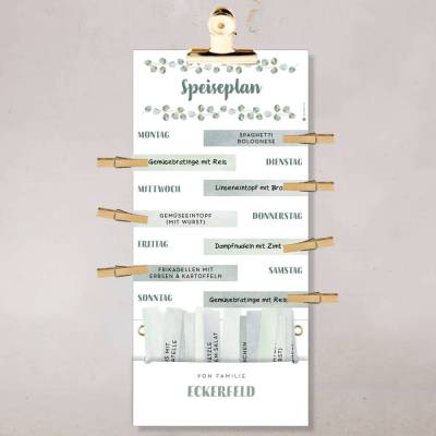 Speiseplan »Eukalyptus« – Personalisierter Wochenplaner für Familien – Essensplan mit Kärtchen & Klammern