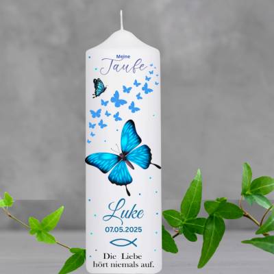 Taufkerze Schmetterling türkis&blau personalisiert 25x8cm|Name,Datum,Taufspruch|Kerze Taufe Jungen|Patenkerze