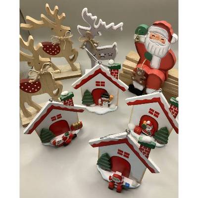 Weihnachtsdeko Holz Set gebraucht – Bunte Holzhäuschen - zum aufhängen,  & Hirsche 
