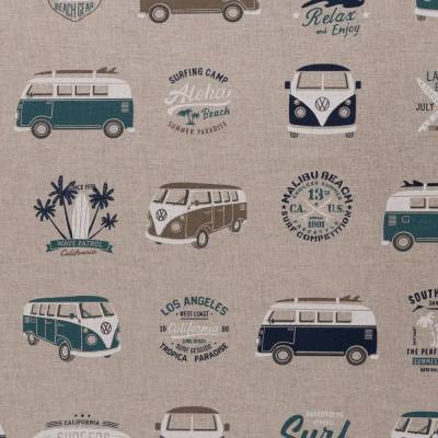 Rest:0,8m x1,40m Deko Druck Emilio Leinenoptik VW-Bus Bullis beige Lizenzstoff (1m /10,00€)