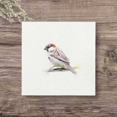 SPATZ Mini Aquarell, Wandbild Kunstdruck auf Büttenpapier, Geschenkidee Flügeltiere Vögel Miniatur Bild im Landhausstil