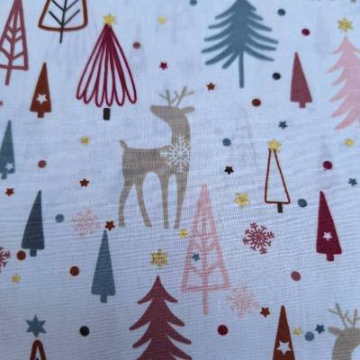 Baumwollstoff, Weihnachtsstoff, Tannenbaum, Rentier, 0,5x1,45m, Meterware, natur, beige, altrosa, petrol,gold