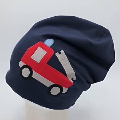Beanie Mütze für Jungen blau mit Feuerwehrauto, Kindermütze,Babymütze
