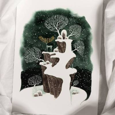 Zauberhafte Winterlandschaft mit Hirsch - handvergoldet - Aquarell - Kunstdruck- 32x41cm - Winter Dekoration - Wandbild