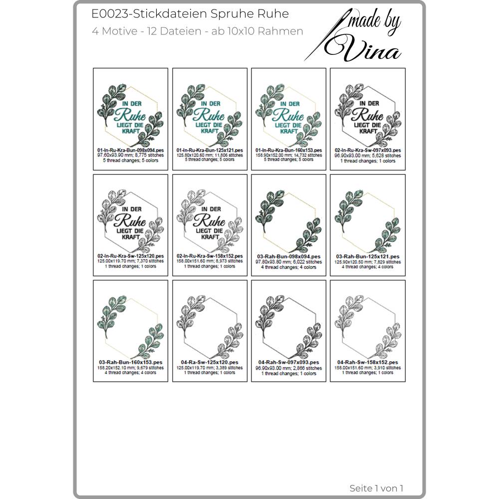 Stickdateien Spruch Ruhe mit Rahmen ab 10x10 – 4 Motive, Shabby Design, Eukalyptus, Download Bild 3