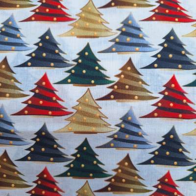 Baumwollstoff, Weihnachtsstoff, Tannenbäume mit Kugeln, 0,5x1,40m, Meterware, natur, rot, grün, braun, rauchblau