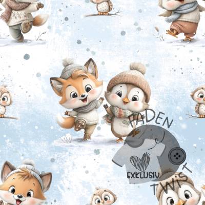 Winter Stoff mit Fuchs und Pinguin, Niedlicher Tierstoff für Kinder, 0001