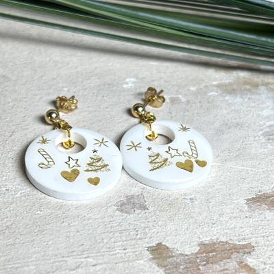 Ohrringe aus weißem & klarem Harz mit goldenen Weihnachtsmotiven | 925 Silber vergoldet | Handgefertigtes Unikat
