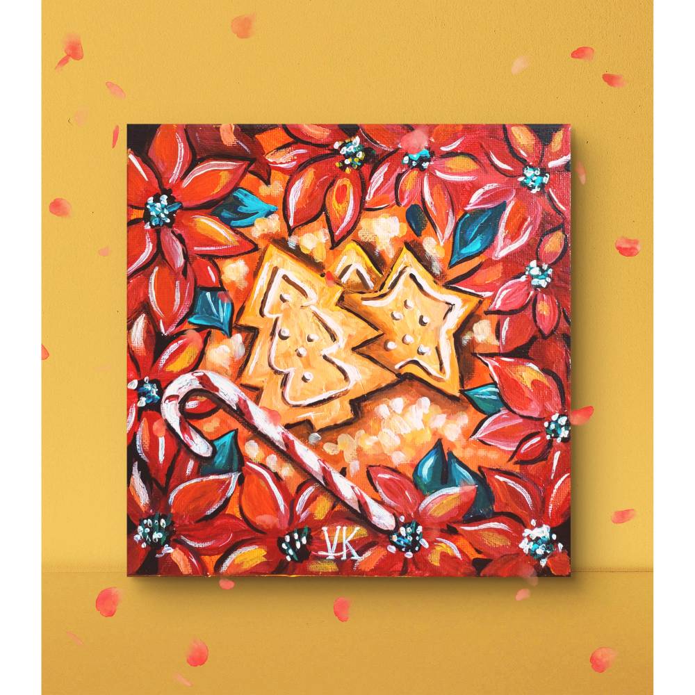 Weihnachtsbild mit Pltzchen und Weihnachtsstern  handgemaltes Acrylbild  auf Leinwand 20x20 cm - Festliche Kuns -Unikat