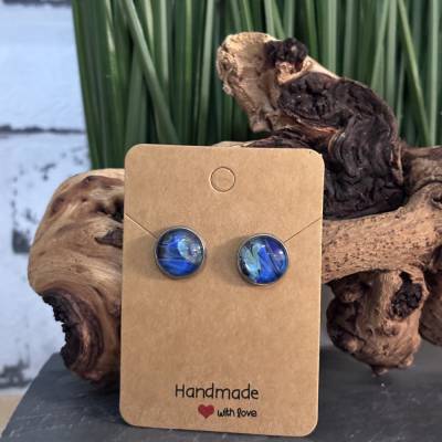 Ohrstecker Unikate mit buntem Glascabochon – Handgemacht, 12 mm, türkis, blau, schwarz