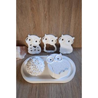 Handgefertigtes Keramik-Tablett mit beleuchtbarer Eule & Blume – weißes Deko-Highlight für Weihnachten & Herbst, Wichtelgeschenk