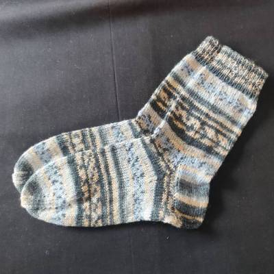 Handgestrickte Socken Gr.38/39 in Hellblau/Grau/Beige