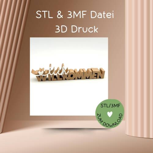 Schriftzug HERZLICH WILLKOMMEN, 3D-Druckdatei, Digitale Datei, STL und 3MF-Format