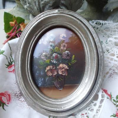 Vintage MINIATUR Ölgemälde Ölbild Wandbild Bild Blumenstrauß Wanddeko Oval Mid Century