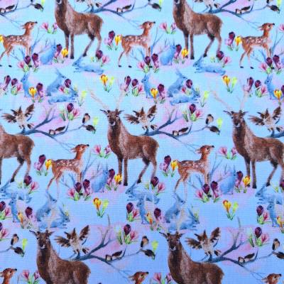 Baumwollstoff mit Hirsch, Bambi, Hasen, Eule, Trachtenstoff, Dekostoff, Breite 1,40 m, Meterware, beige