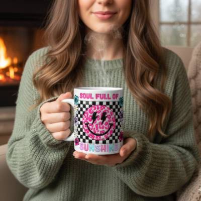 Tasse „Soul Full of Sunshine“ – Retro Smiley Becher mit Gute-Laune-Design, bunt & fröhlich