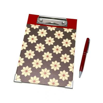 Klemmbrett DIN A5 rot-orange - Blumenmuster Retro – Handgefertigte Schreibunterlage 16,0 x 23,0 cm