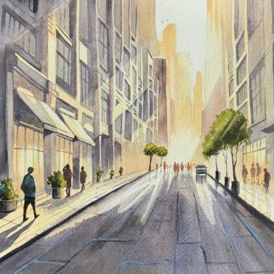 Original Aquarell "Stätische Sonnenaufgang" | 41 x 31 cm