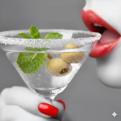 Bild eines Apertitifes mit Olive und Minzblättchen und einem roten Mund