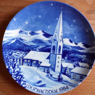 Bavaria Weihnachtsteller, Wandteller, Sammelteller, 1984, Echt Kobalt, Kapelle im Tuxertal