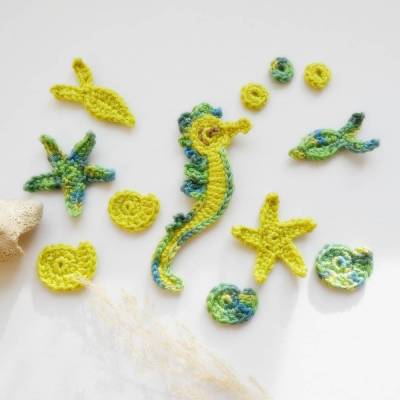 12-teiliges Häkelset:Seepferdchen,Seesterne,Schnecken,Fisch m. Luftblasen - Muschel,Häkelapplikation,Aufnäher