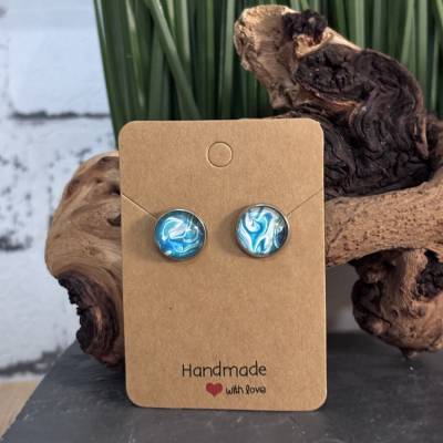 Ohrstecker Unikate mit buntem Glascabochon – Handgemacht, 12 mm, türkis, weiß