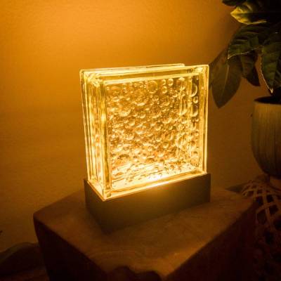 Handgemachte Glasbausteinlampe | Regentropfen-Design | Tischleuchte aus Glas & Holz | Nachttischlampe mit Bubbles