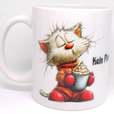 Kaffeetasse Katze Kein Plan, aber flauschig – Kawaii Tasse mit Spruch, beidseitig bedruckt, spülmaschinengeeignet, handmade
