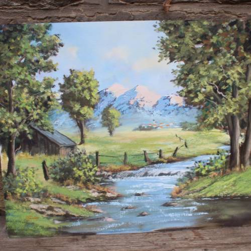 Ölbild Alpenlandschaft mit Wiese Berge Dorf Bäume Scheune  Vintage