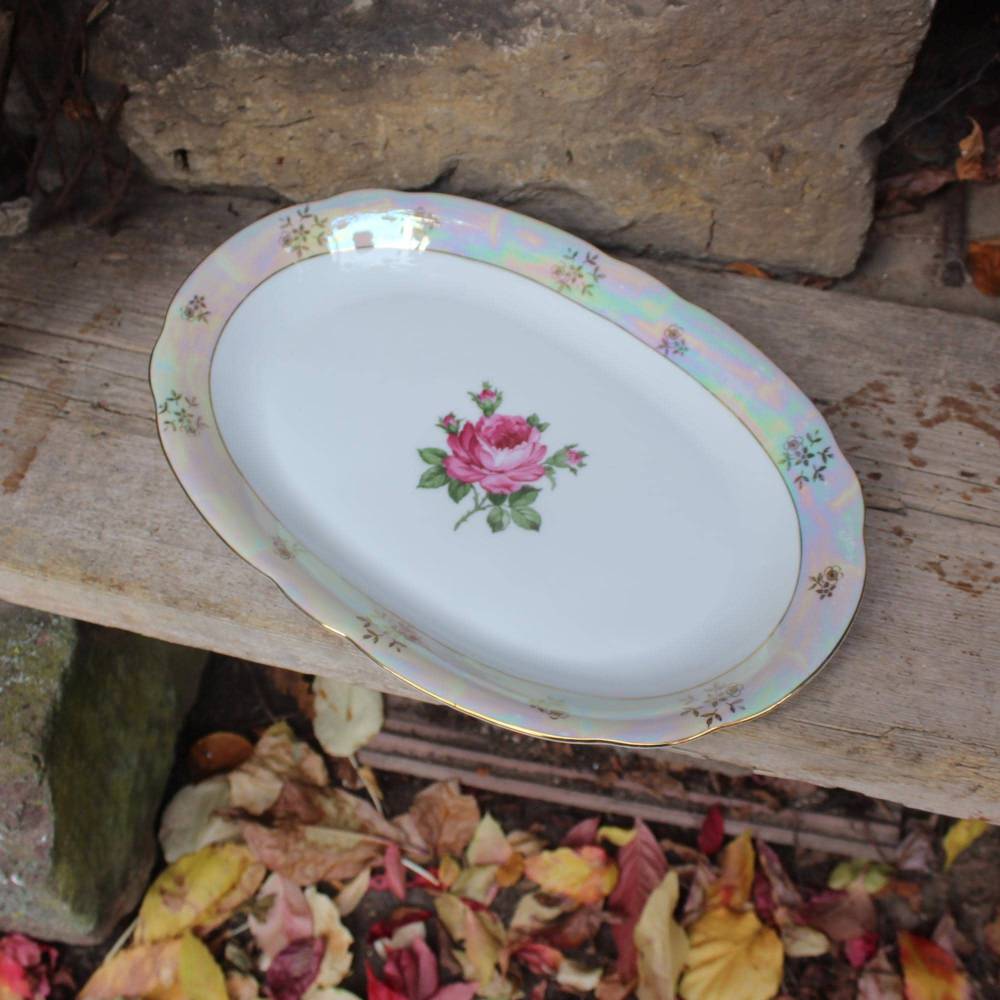 ovale Servierplatte Rosen Goldrand Perlmutt Kahla Porzellan 50er 60er Jahre DDR