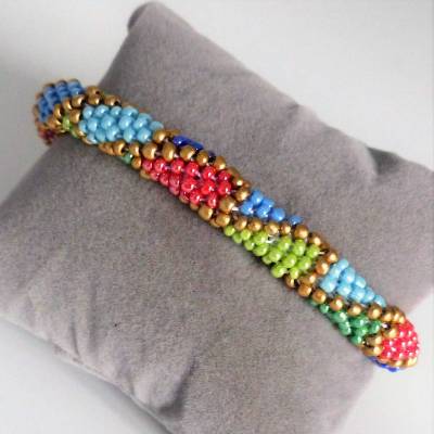Armband, Häkelarmband, goldige Rauten, gold, bunt, Länge 20 cm, Glasperlen gehäkelt, Perlenarmband
